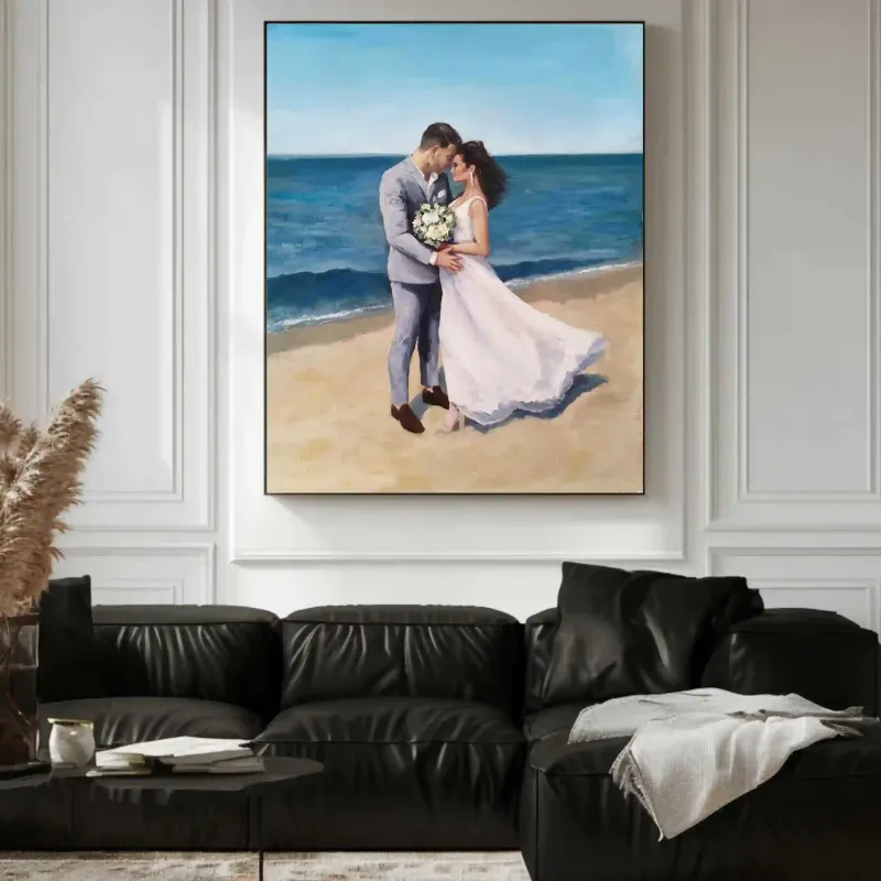 Live acrylic wedding painting of couple exchanging vows, Spain