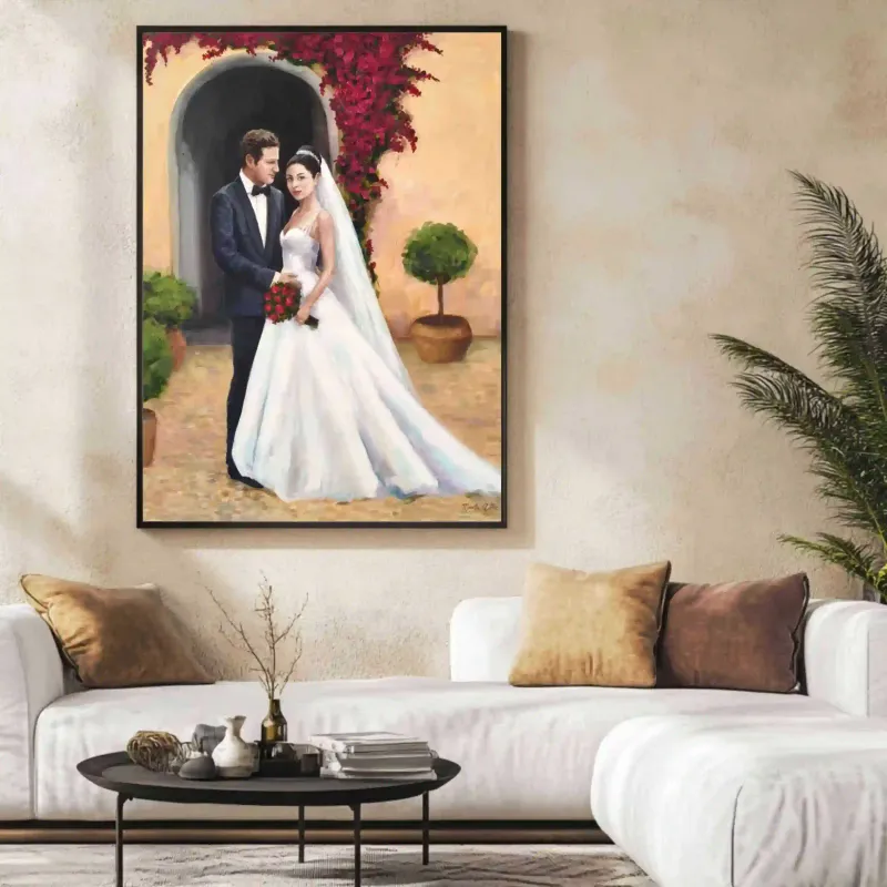 Live wedding painting of ceremony with floral arch, Mediterranean venue