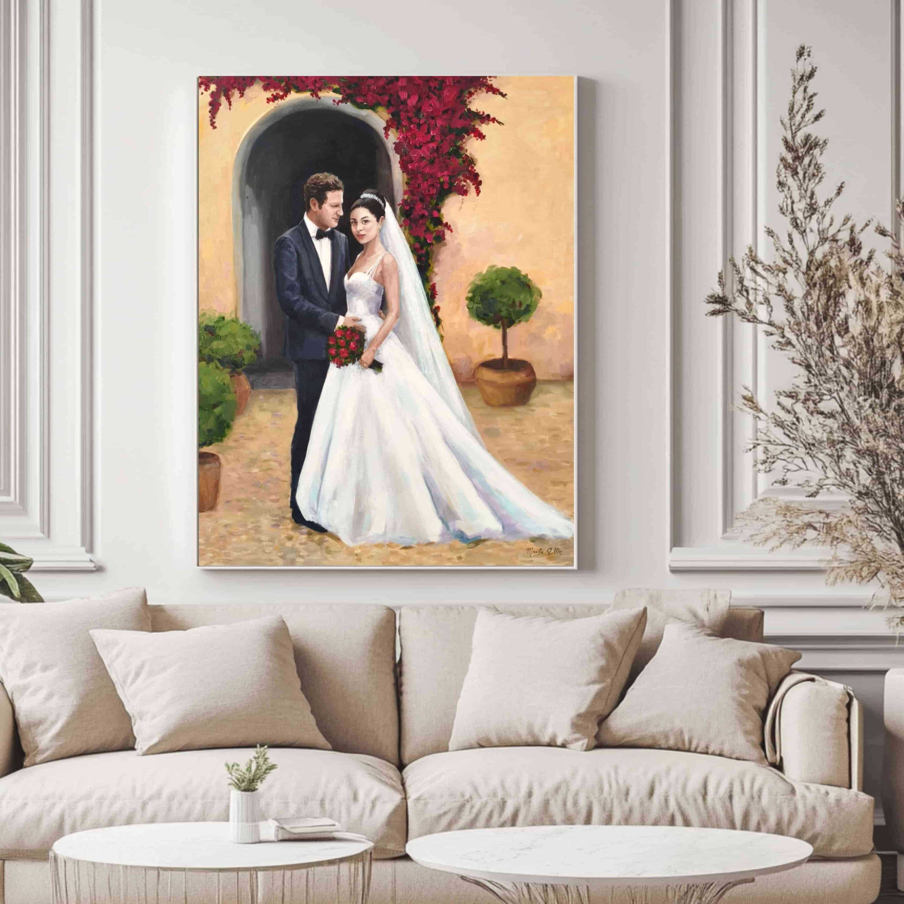 Intimate live wedding painting — bride and groom portrait on canvas