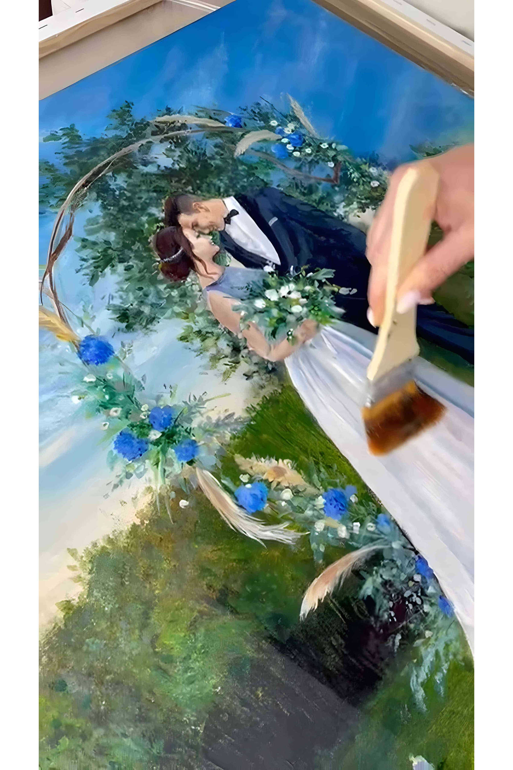 Live watercolour painting of bride and groom at sunset wedding in Spain