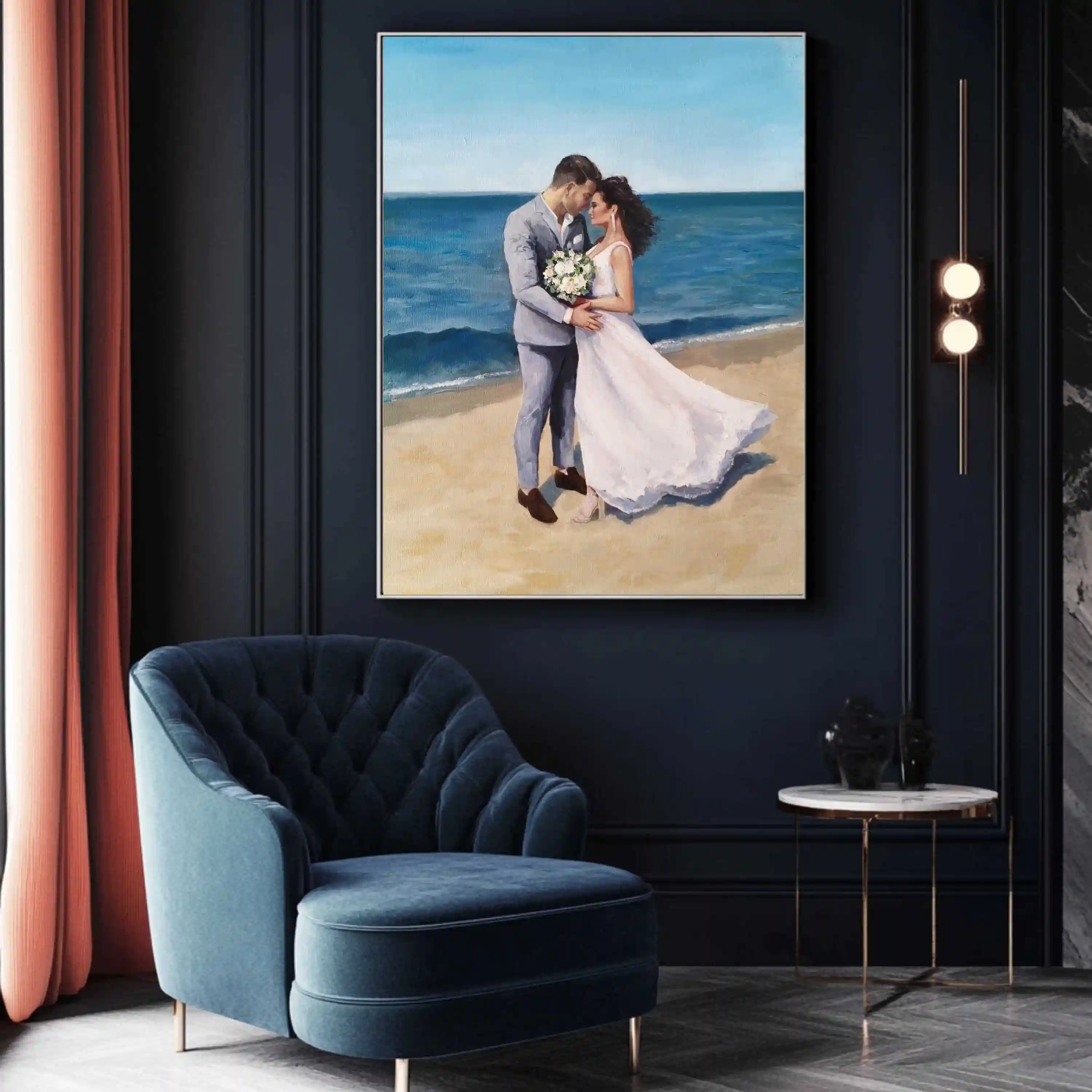 Pintura de momento romántico de boda por artista profesional