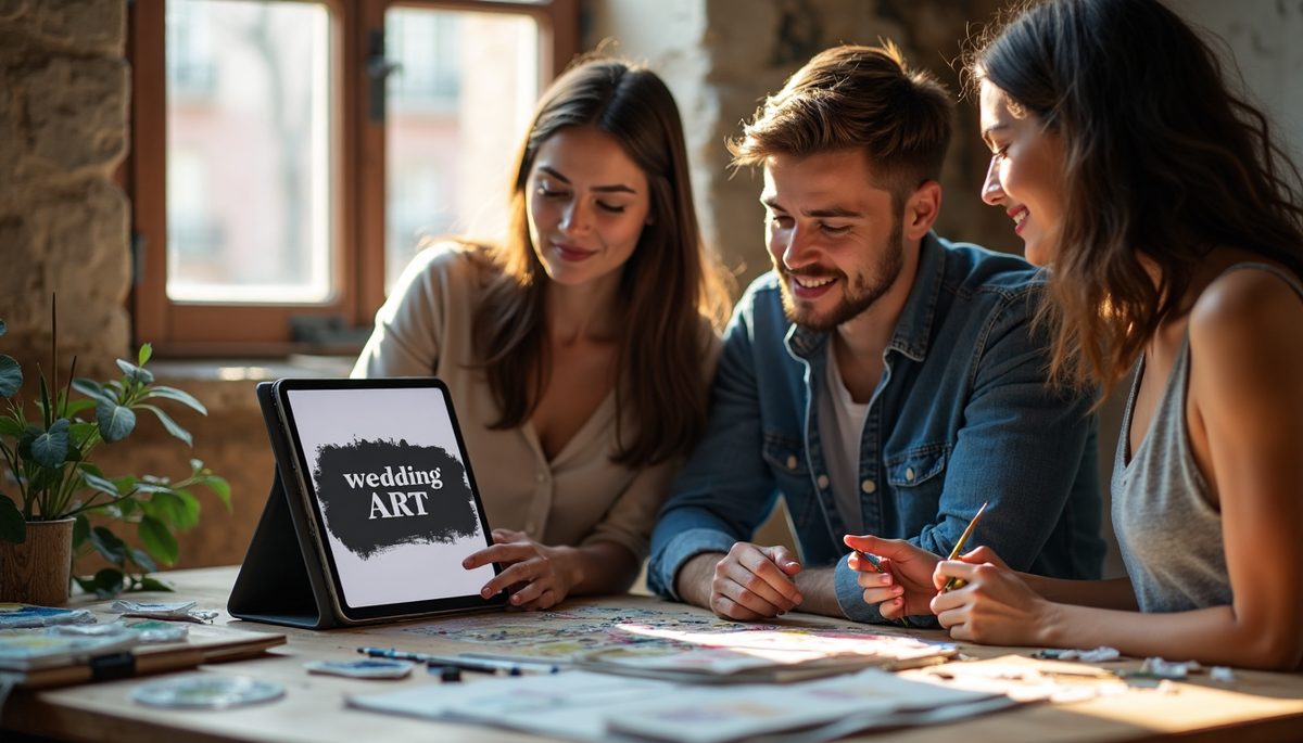 Pareja observando una pintura en vivo durante su boda en España