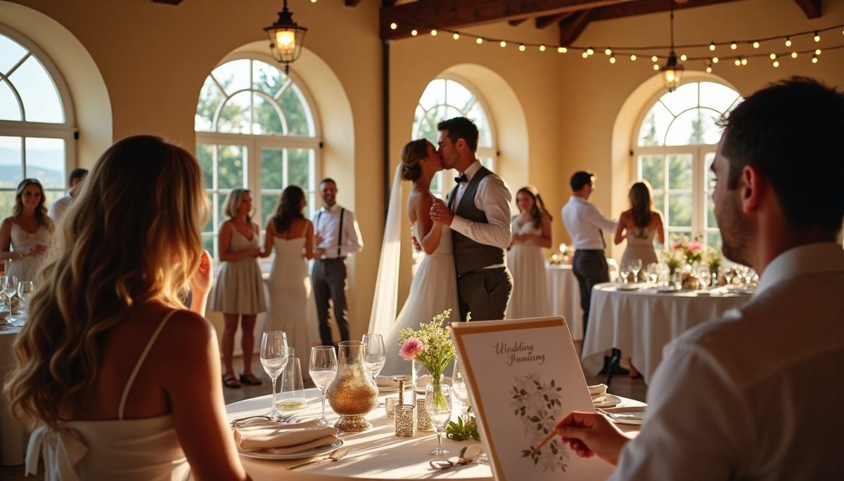 Watercolor-style wedding painting of a couple ceremony